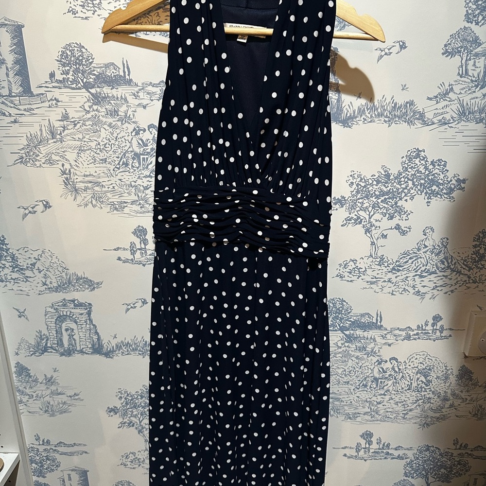 Evan Picone Navy and White Polka Dot Midi Dress